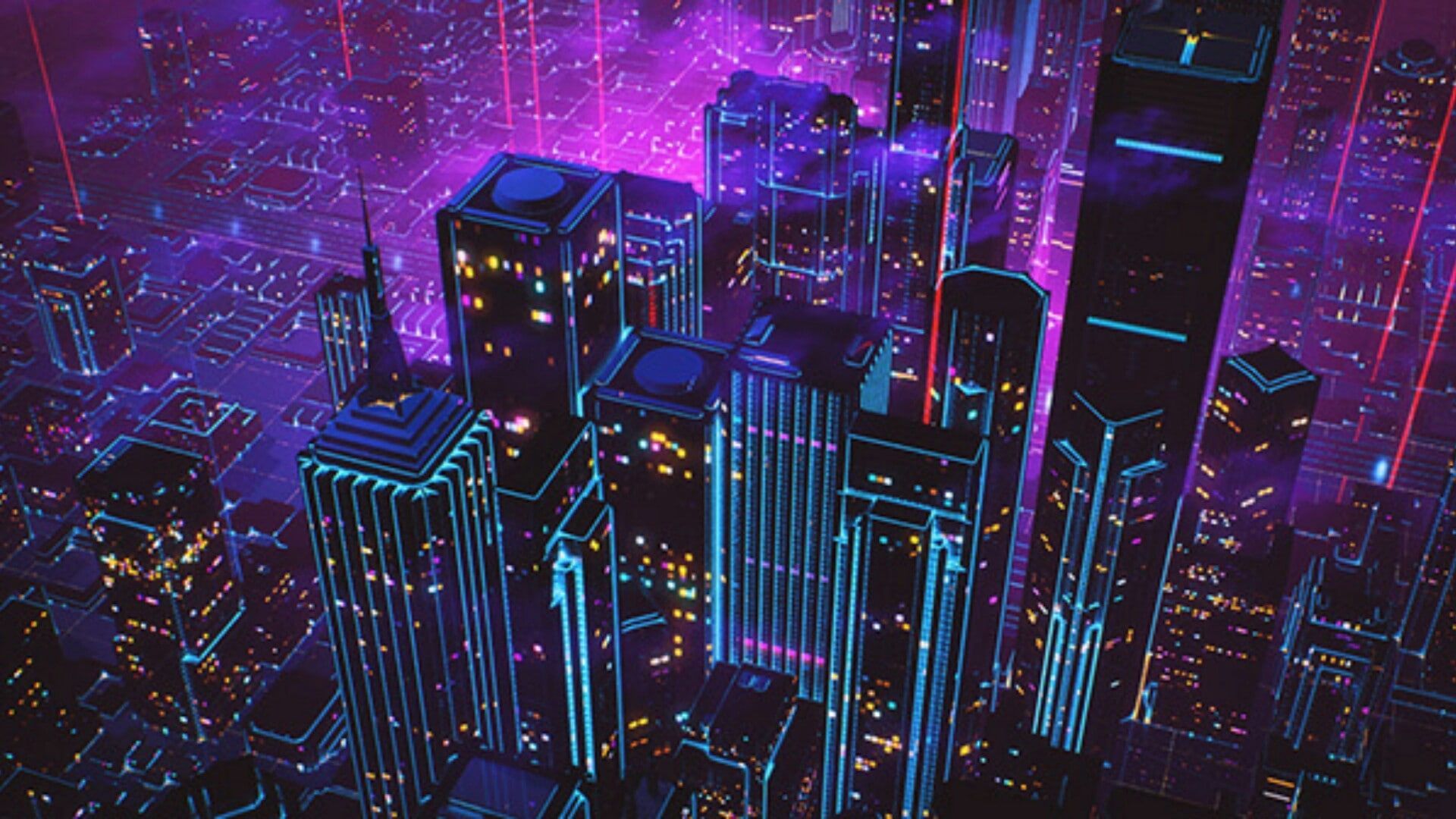 A futuristic city with neon lights and buildings - Technology, 80s, city