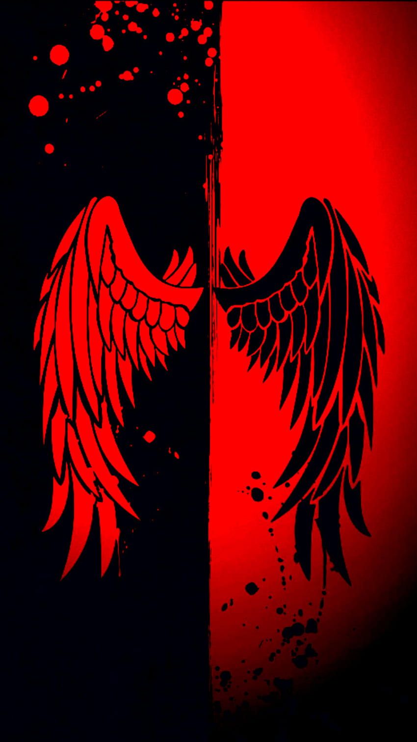 A stylized image shows a pair of large, red wings on the left side and a pair of black wings on the right side. Both sets of wings appear to be positioned towards the bottom of a dark background, with a contrasting  - Wings