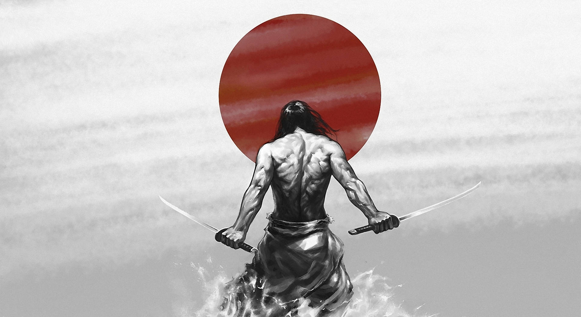 A muscular man with two swords in front of a red sun - Samurai