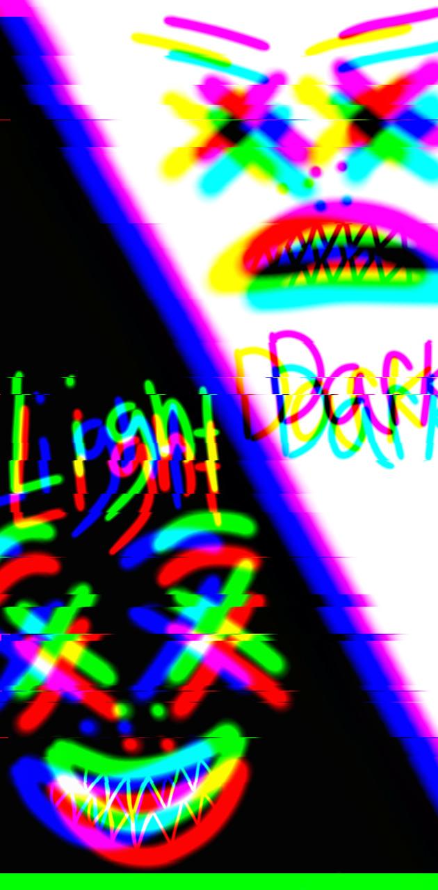 The words light and dark are written in a colorful font - Black glitch, glitch