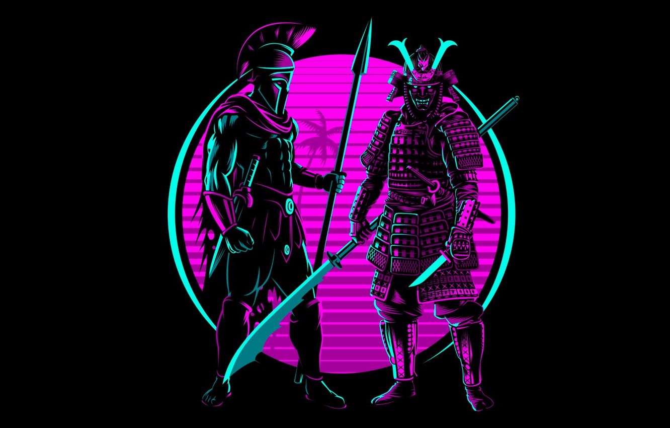 Wallpaper retro, neon, samurai, Spartan image for desktop, section разное