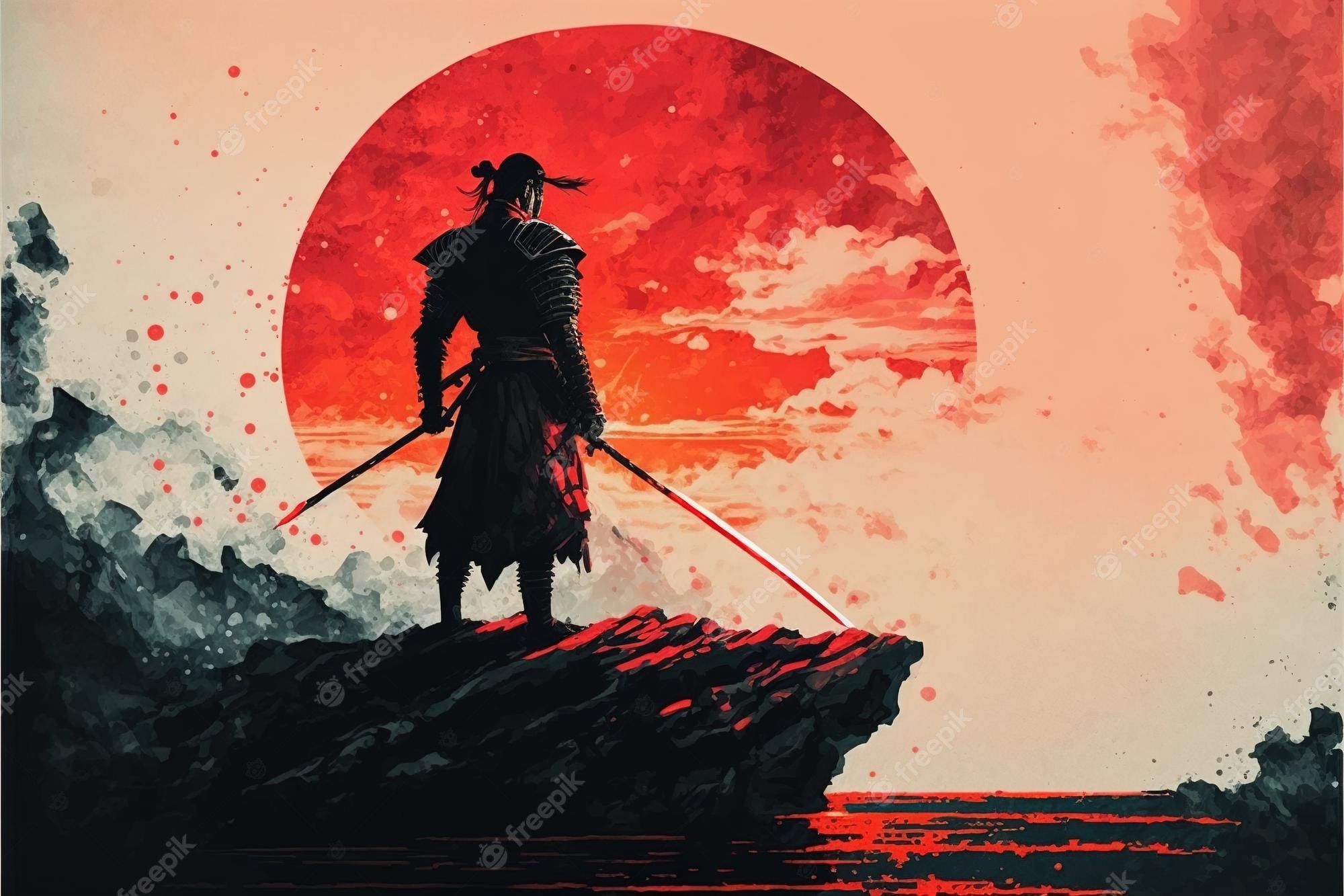 Premium Photo. Scene of samurai with fire sword standing on the rock digital art style illustration painting fantasy concept of a samurai with the sword