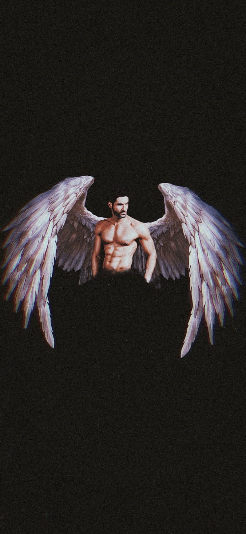 An image of a shirtless man with white wings. - Wings