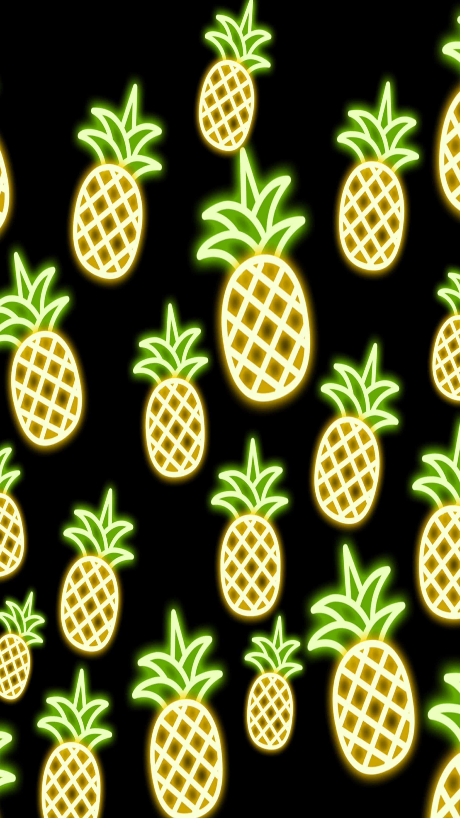 A pattern of neon pineapples on a black background - Pineapple