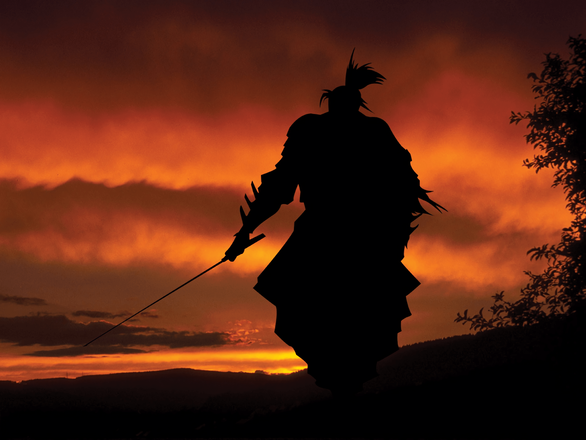 A man with sword standing on hill at sunset - Samurai