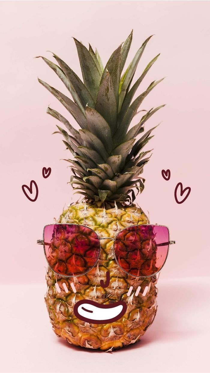 Pineapple with sunglasses and a smiley face, cute backgrounds, pink background - Pineapple