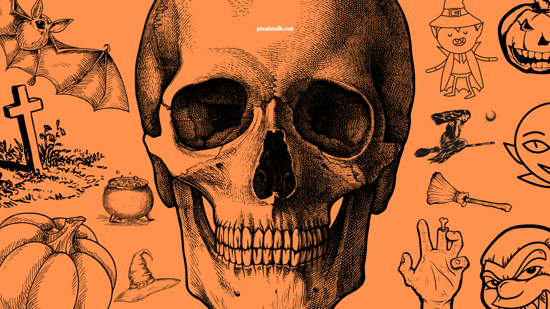 A skull surrounded by Halloween icons such as a pumpkin, witch, broom, and ghost - Halloween desktop