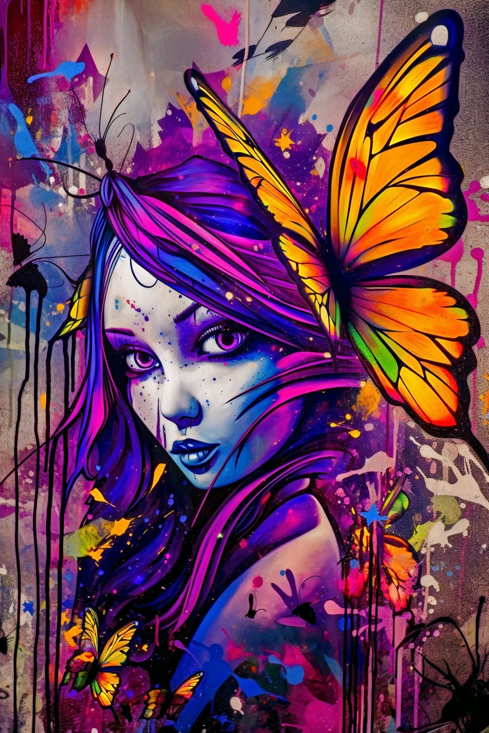 A girl with butterfly wings in graffiti style - Street art