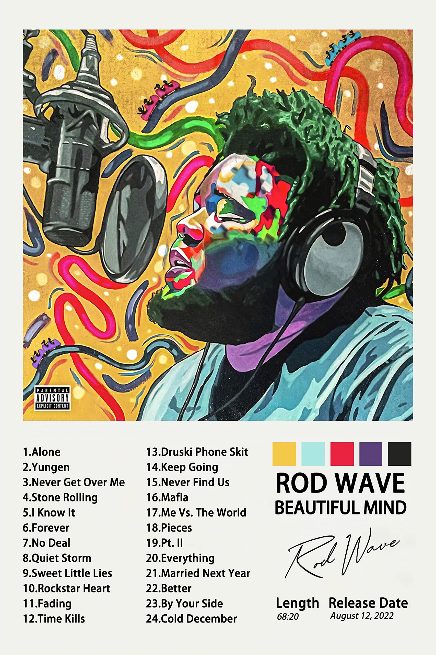 BABEJ Rod Wave Poster Beautiful Mind Album Poster Canvas 90s Wall Art Room Aesthetic Posters 16x24inch(40x60cm) Unframe style: Posters & Prints