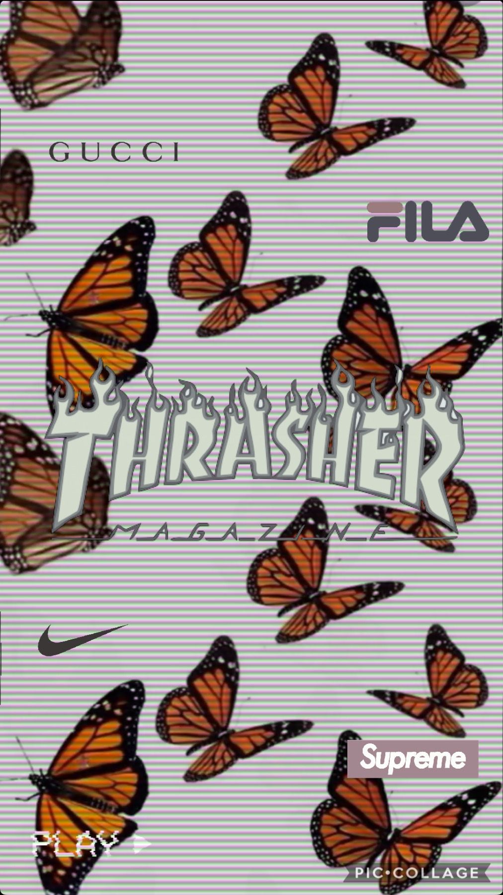 Aesthetic butterfly wallpaper with gucci, fila, supreme, nike, and thrasher logo - Thrasher