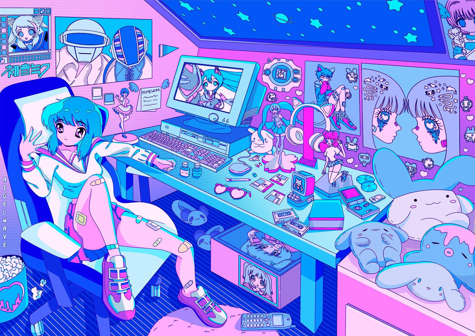 A girl sitting at her computer in anime style - Webcore