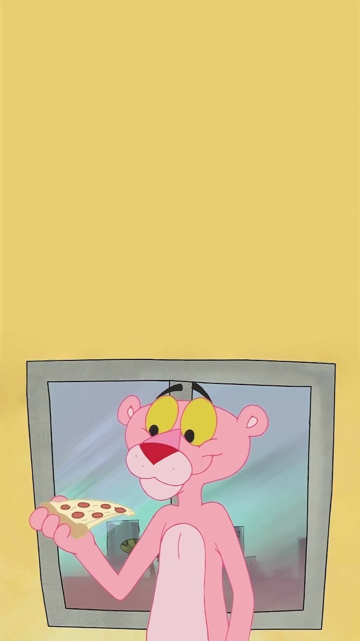 A cartoon pink cat holding up some food - Pink Panther