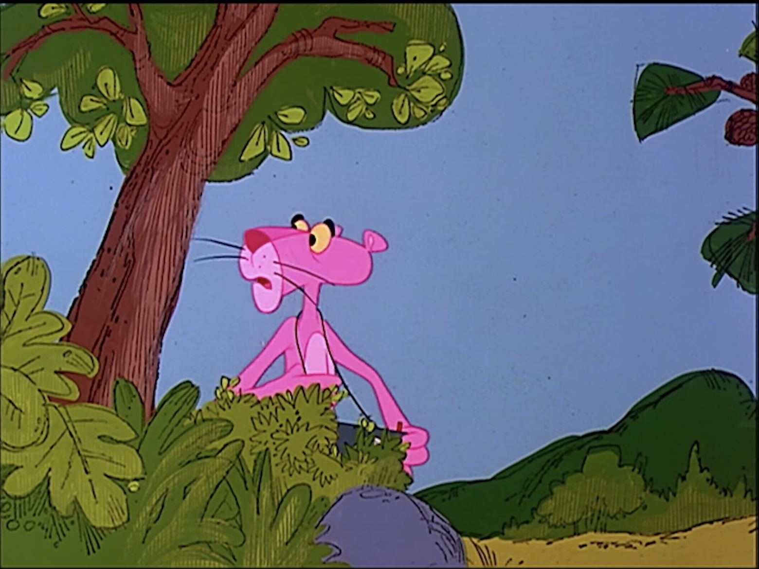 A cartoon character is standing in the woods - Pink Panther
