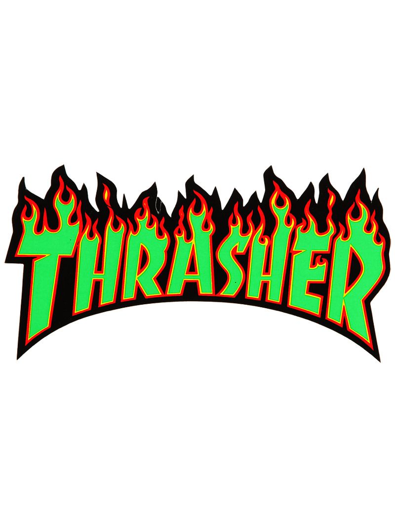 The logo for thrasher is in green and yellow - Thrasher