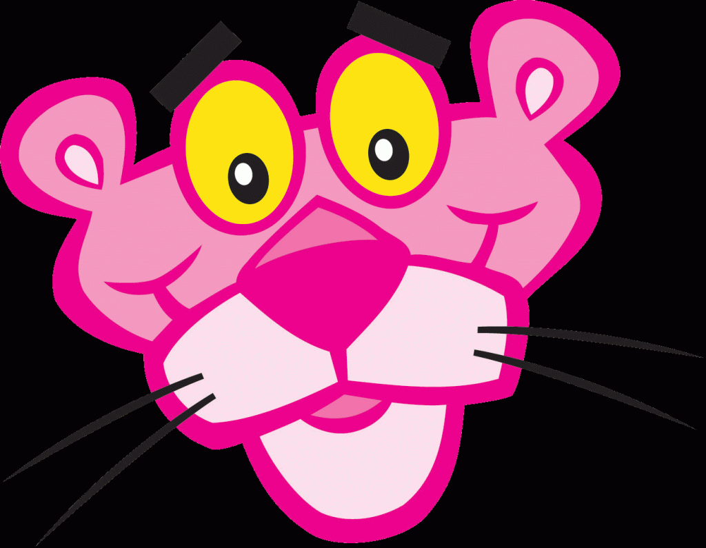 A pink cat with yellow eyes and black ears - Pink Panther