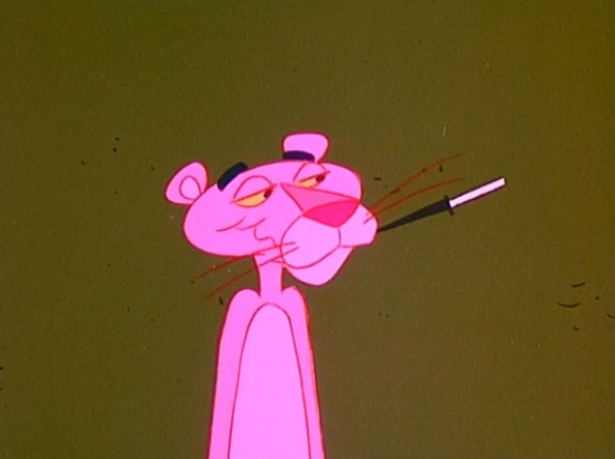 A pink cat smoking cigarette in cartoon - Pink Panther