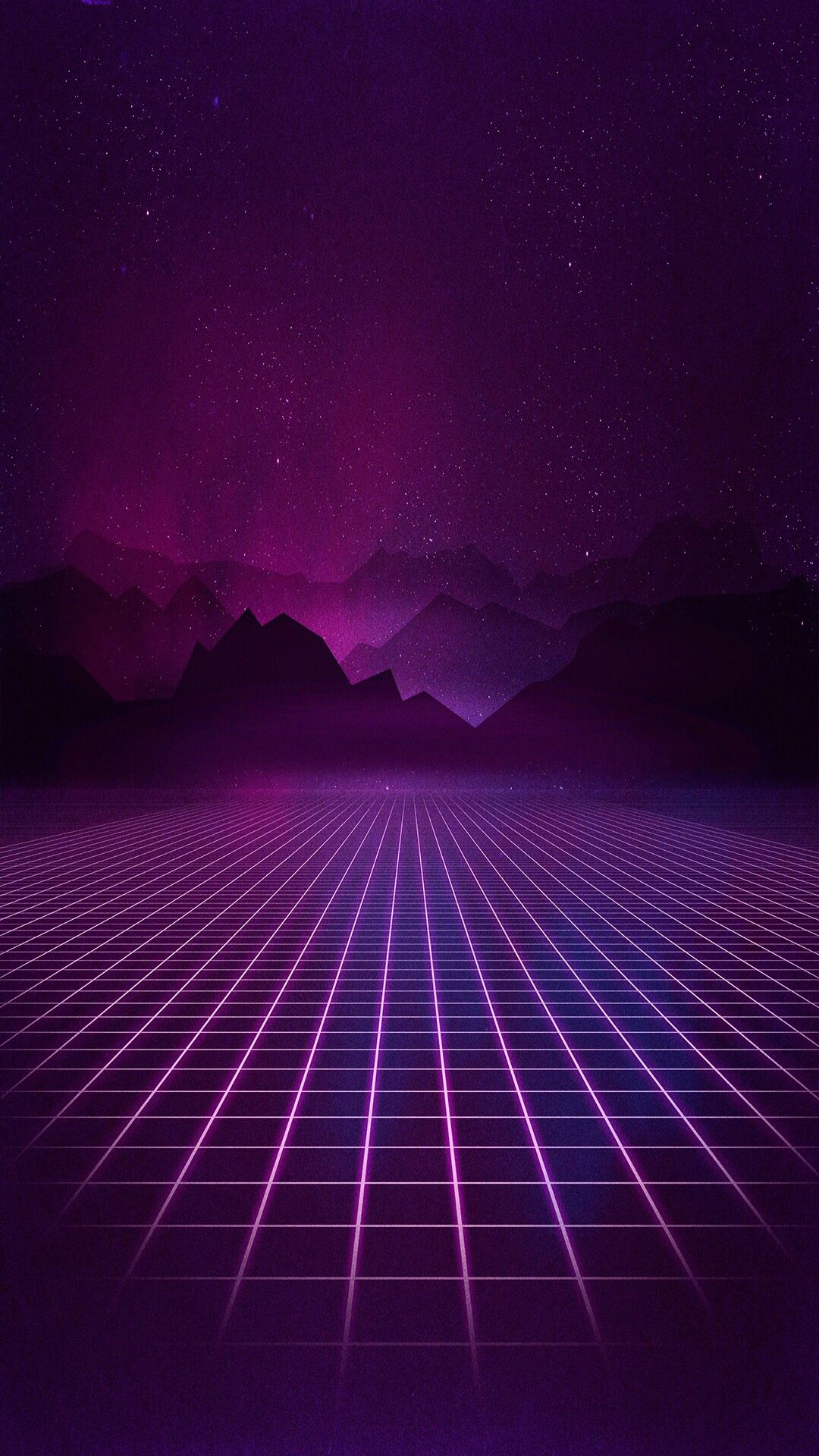 Aesthetic neon purple grid wallpaper with mountains in the background - Dark vaporwave