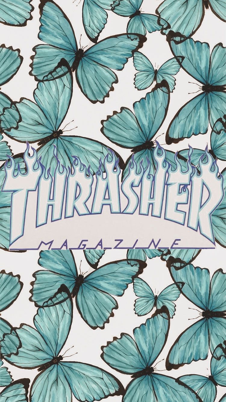 A poster with blue butterflies on it - Thrasher