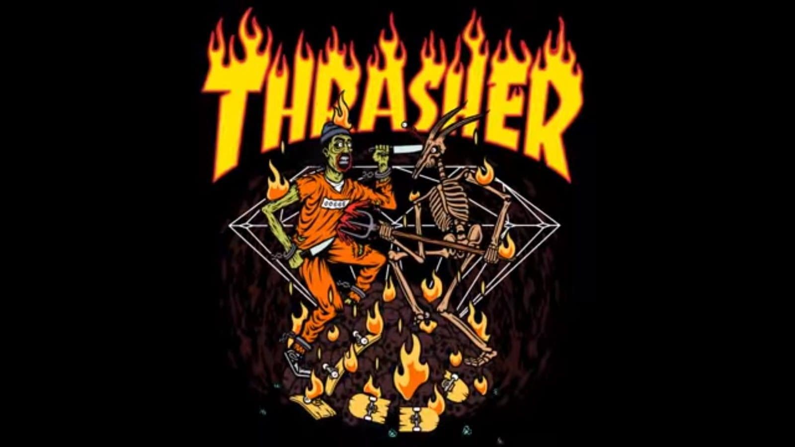 Thrasher Skateboarding wallpaper 1920x1080 Skateboarder on a Skateboard with a lot of<ref> Flames</ref><box>(261,16),(738,985)</box> - Thrasher