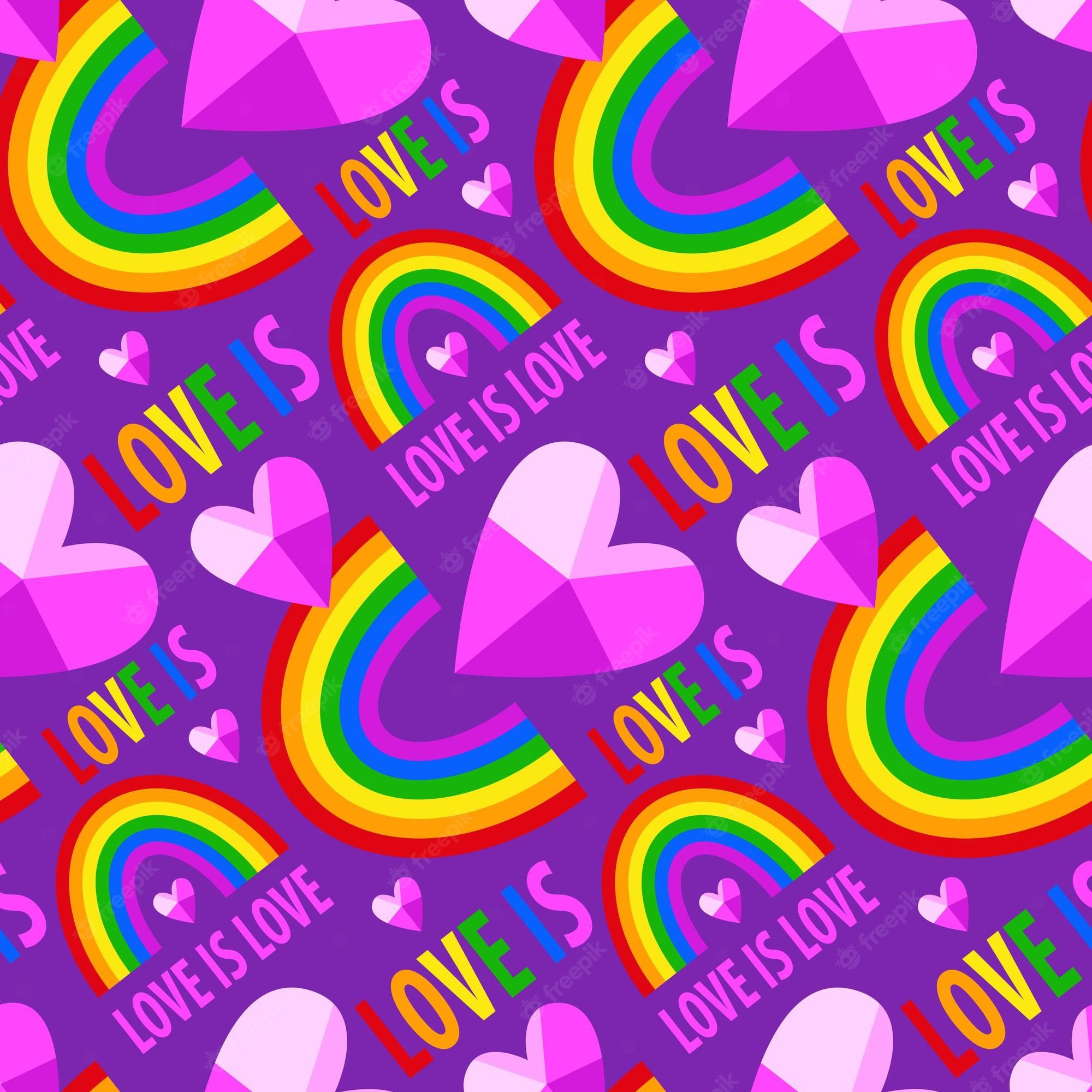 Premium Vector. Pattern with the inscription love is love and crystal hearts