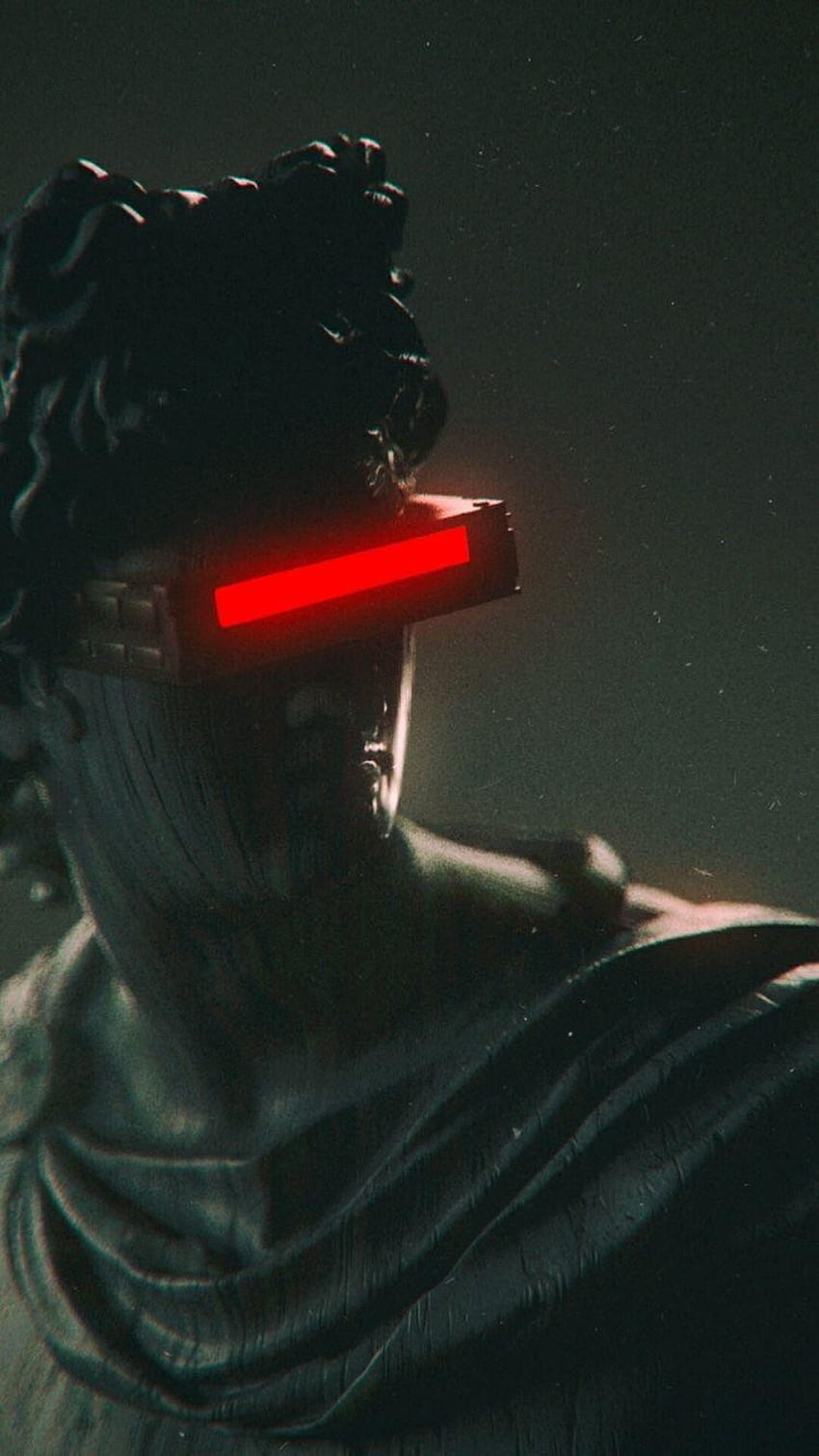 Statue with red glowing eyes and a red glowing sword - Dark vaporwave