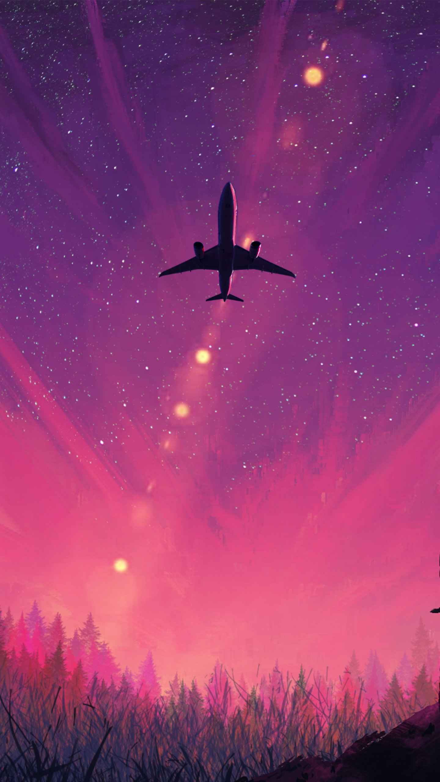 A plane flying over the forest at night - Airplane