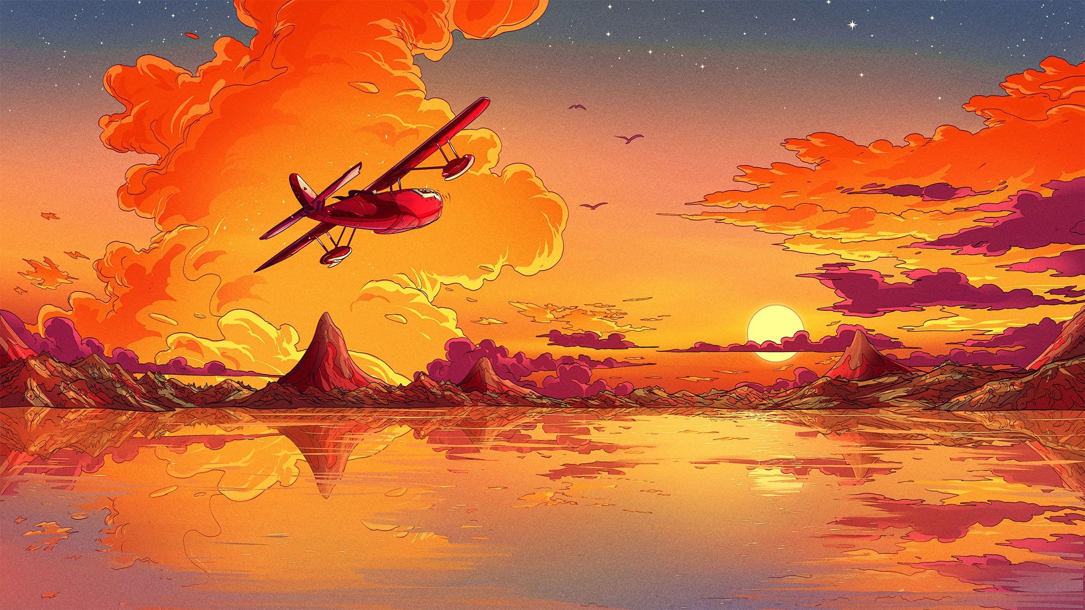 A red airplane flying over a lake during sunset - Airplane