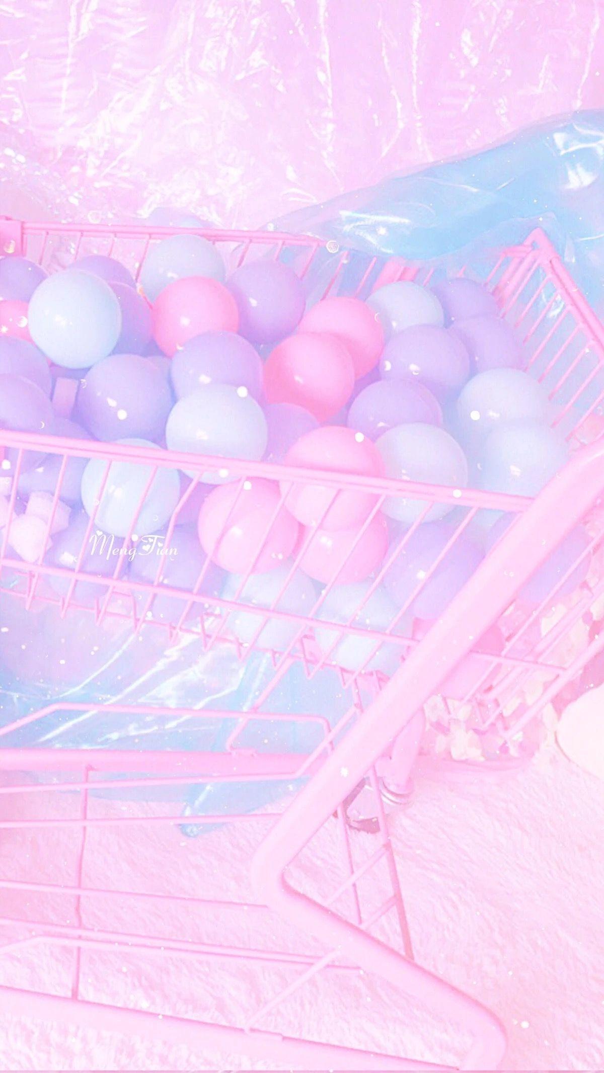 A pink basket with balloons in it - Pink, cute pink, pastel pink, pastel, birthday, pink anime, HD, pink phone