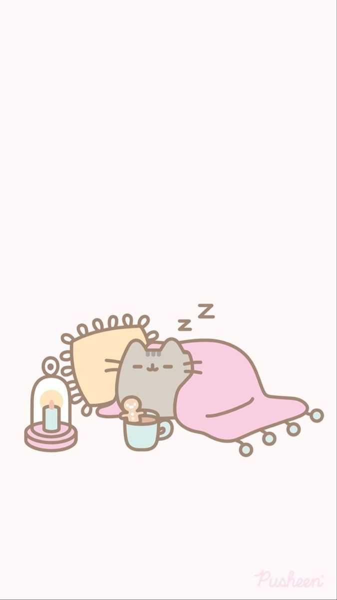 A cute wallpaper of a cat sleeping on a bed with a cup of tea. - Pusheen, cozy