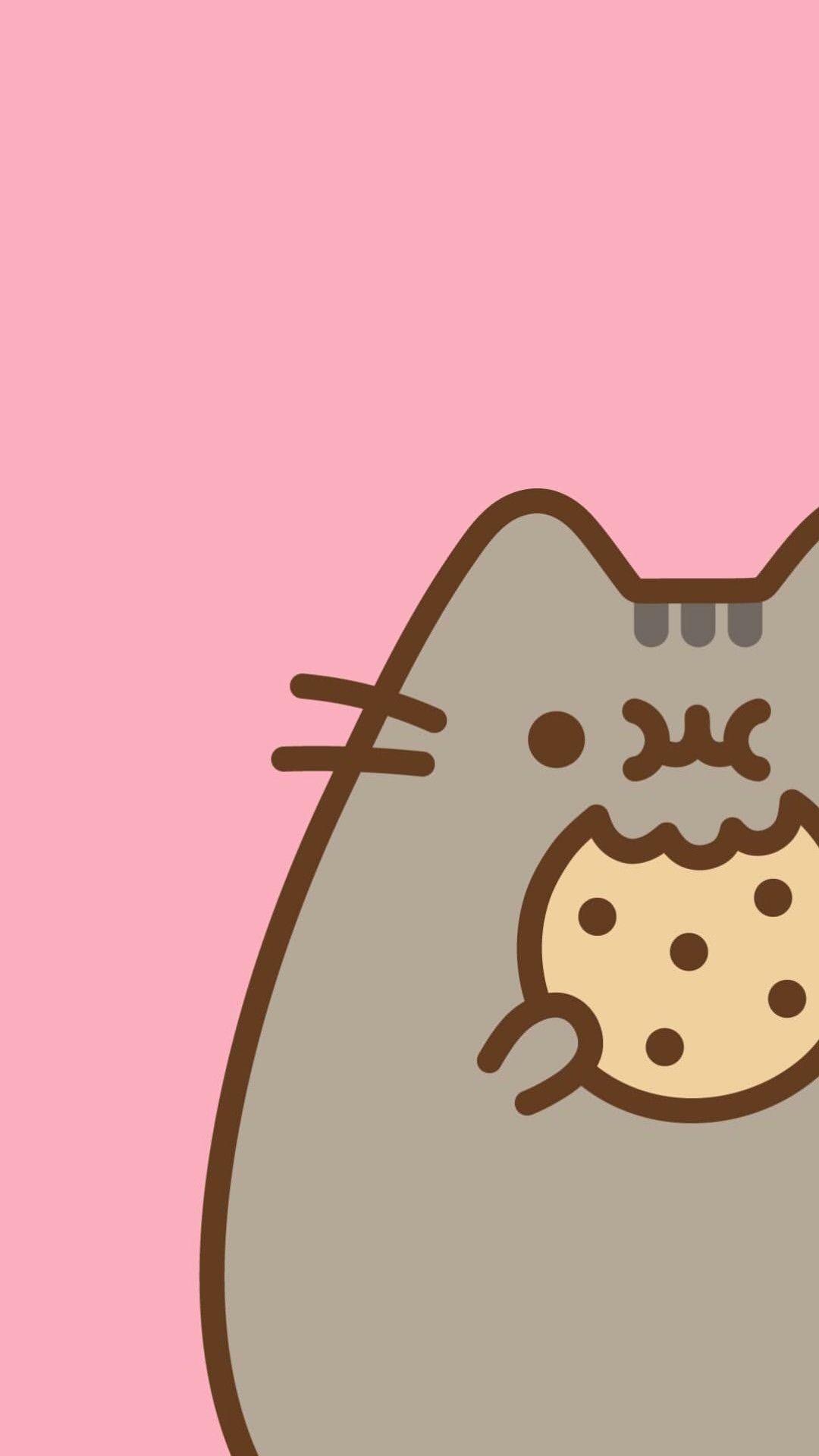 A cat is eating cookies on pink background - Pusheen