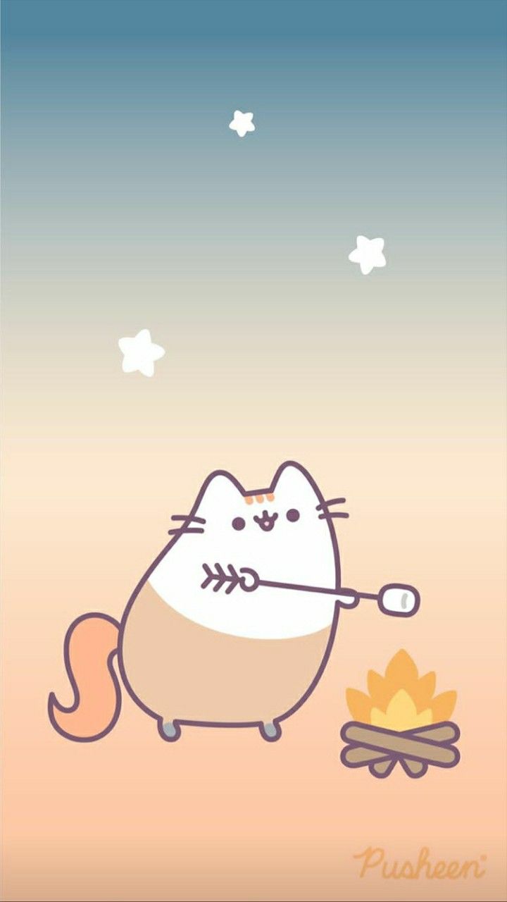 A cartoon cat roasting a marshmallow over a fire. - Pusheen, marshmallows