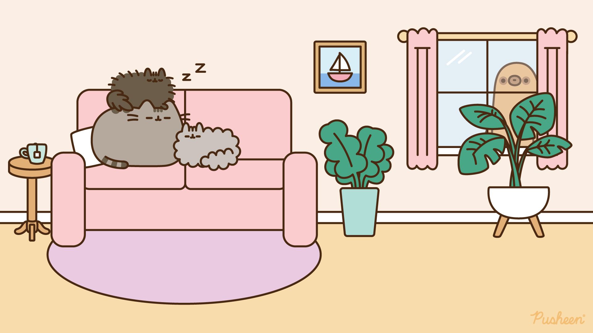 A cat sitting on the couch in front of an open window - Pusheen