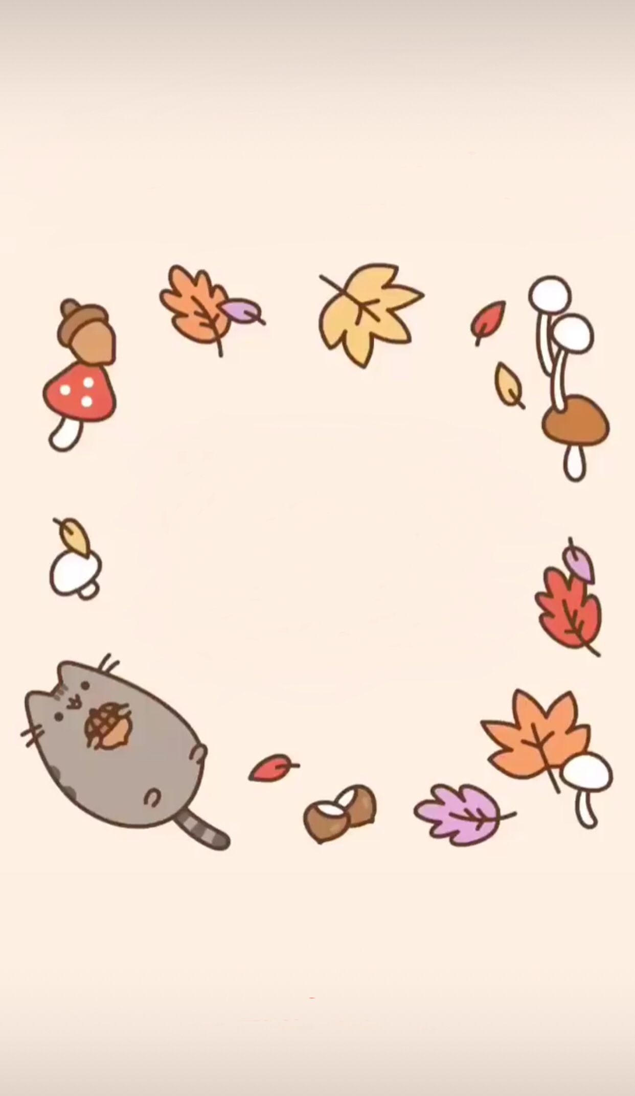 A drawing of a cat with leaves around it - Fall, Pusheen
