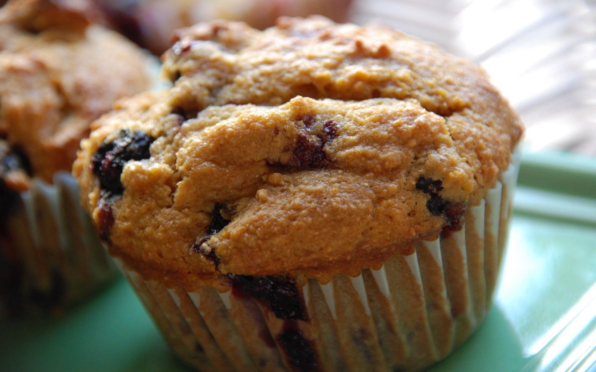 A blueberry muffin on a green plate. - 