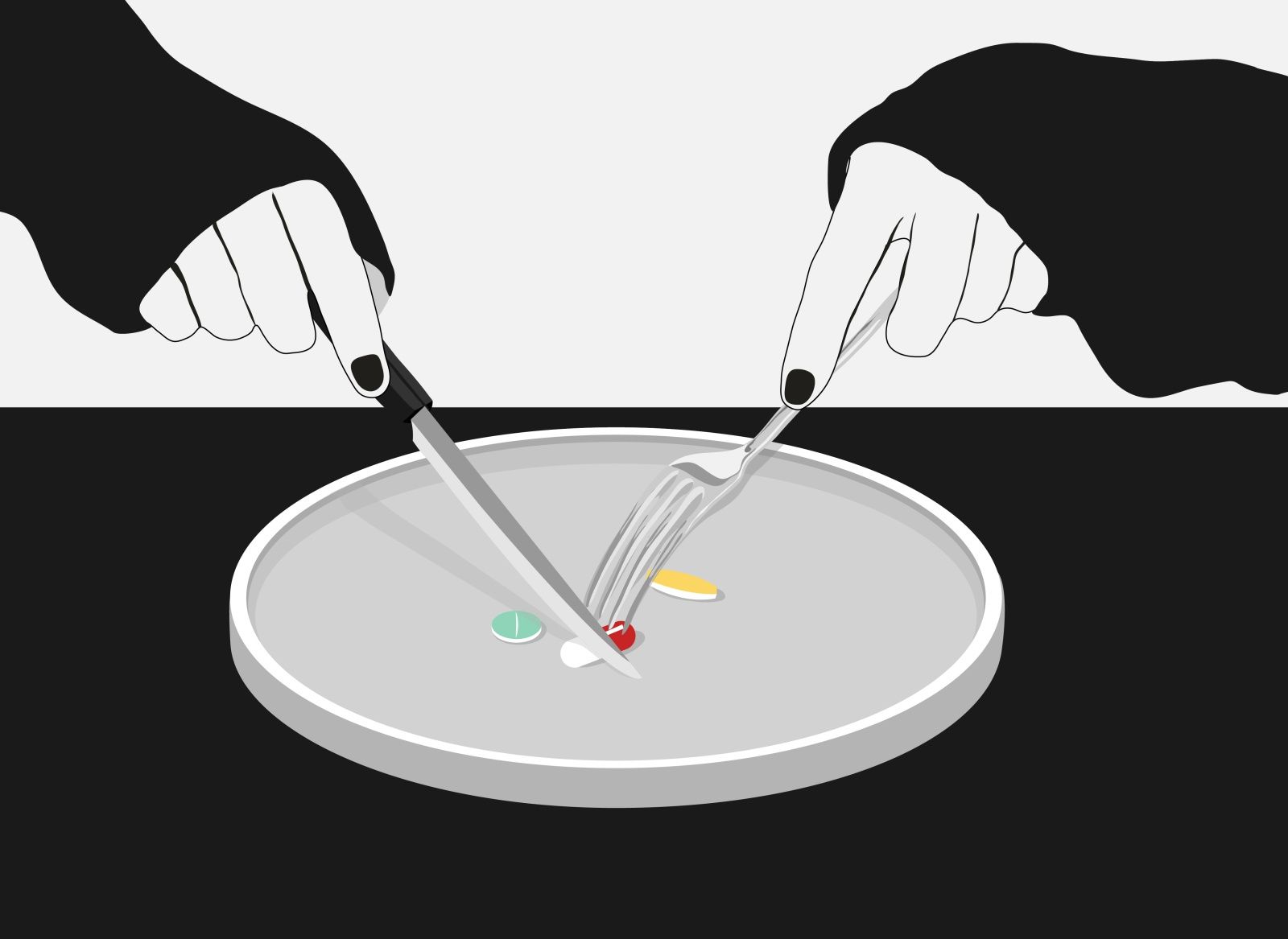 A person is cutting up pills on their plate - Mental health