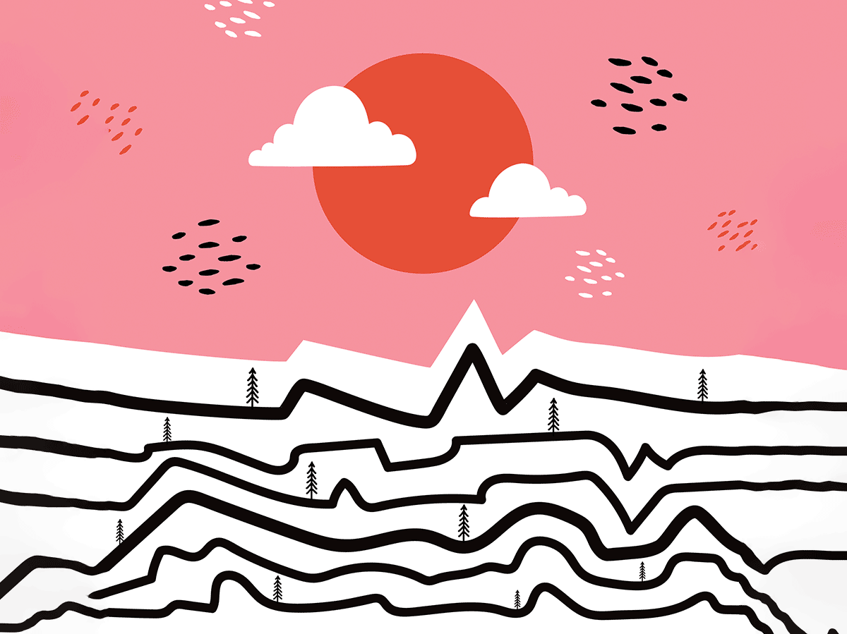 A pink and white poster with mountains - Mental health