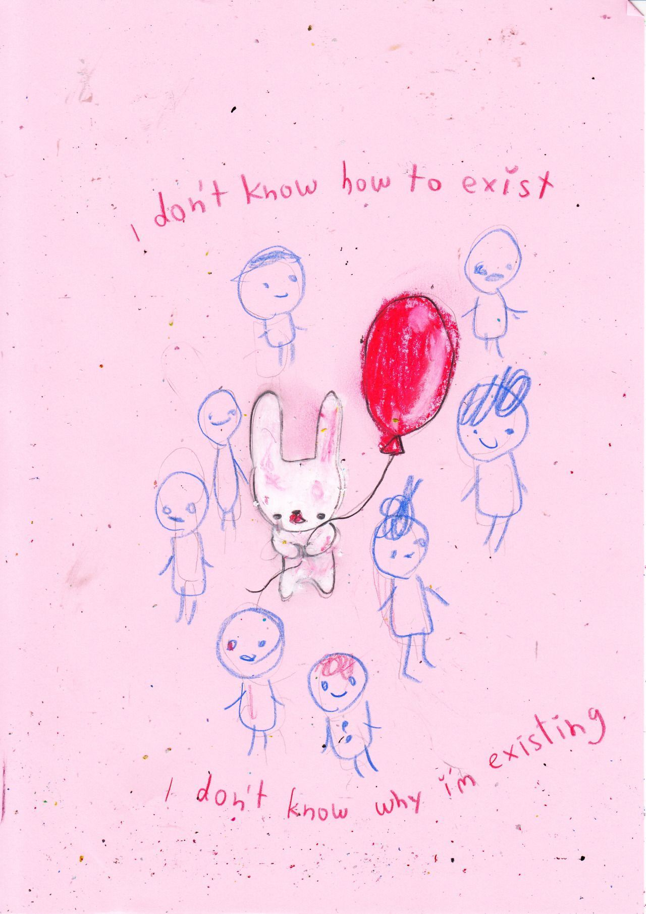 A drawing of a bunny holding a balloon surrounded by people. - Mental health