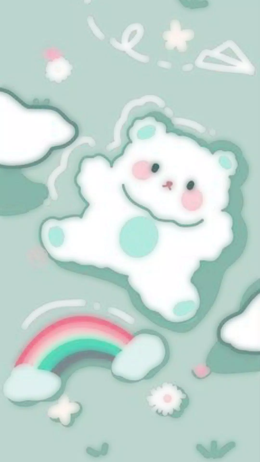 A white bear with blue spots and pink cheeks, standing on a cloud - Kawaii