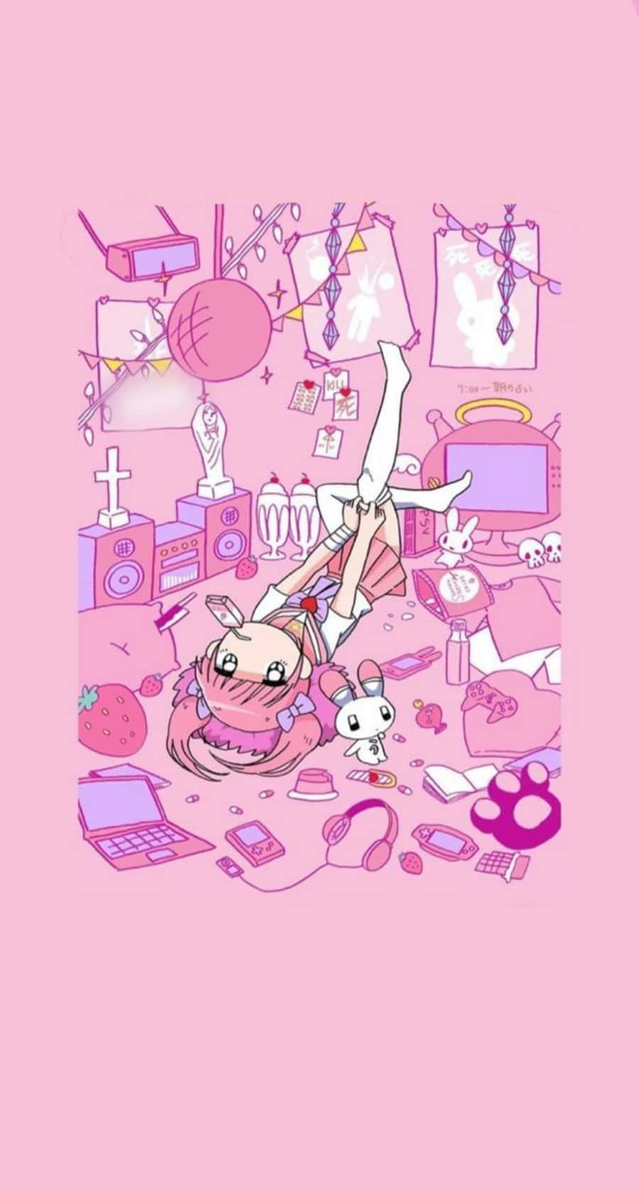 Aesthetic anime girl pink background with her cat - Kawaii