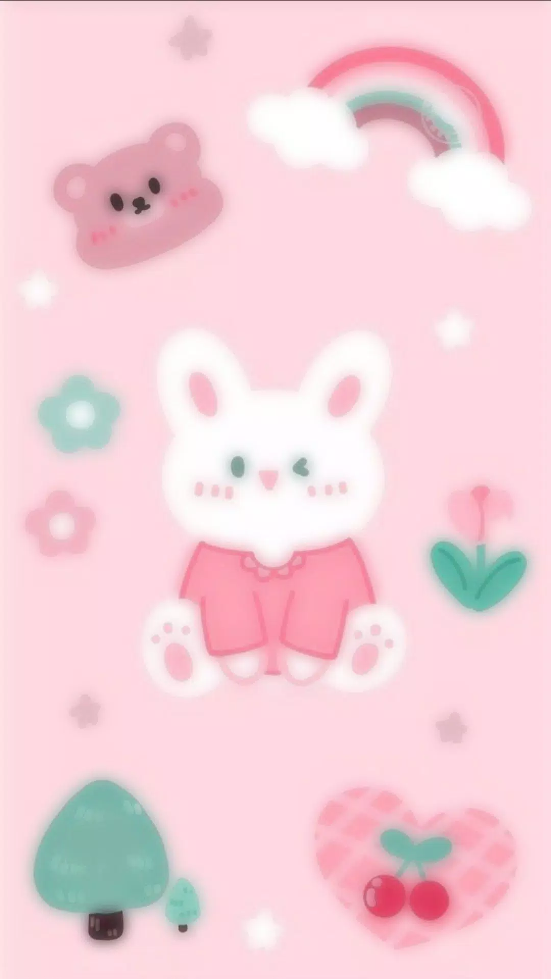 Pink background with a white rabbit, a bear, a rainbow, and other items. - Kawaii