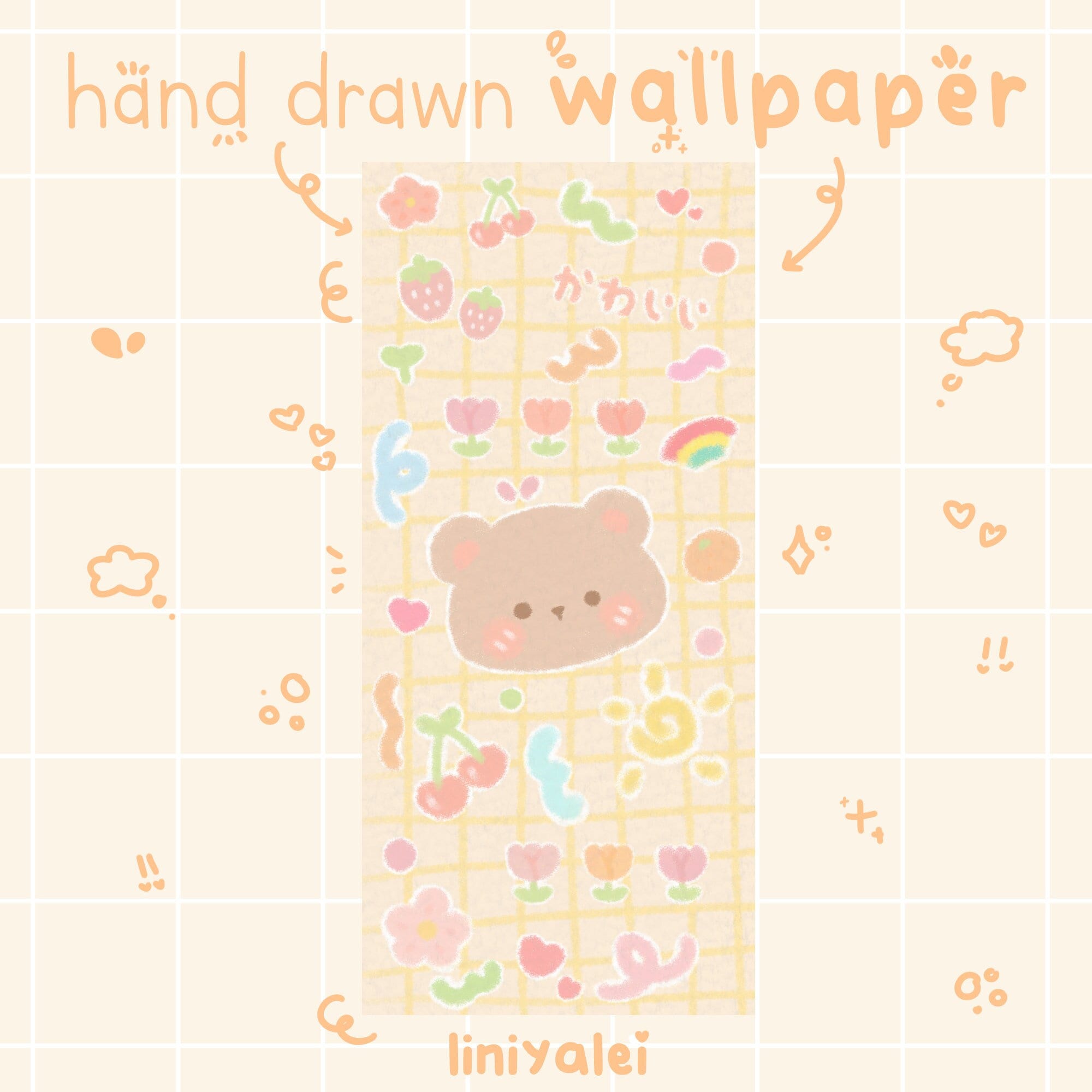 A wallpaper design with a kawaii bear surrounded by hearts, flowers, and rainbows. - Kawaii