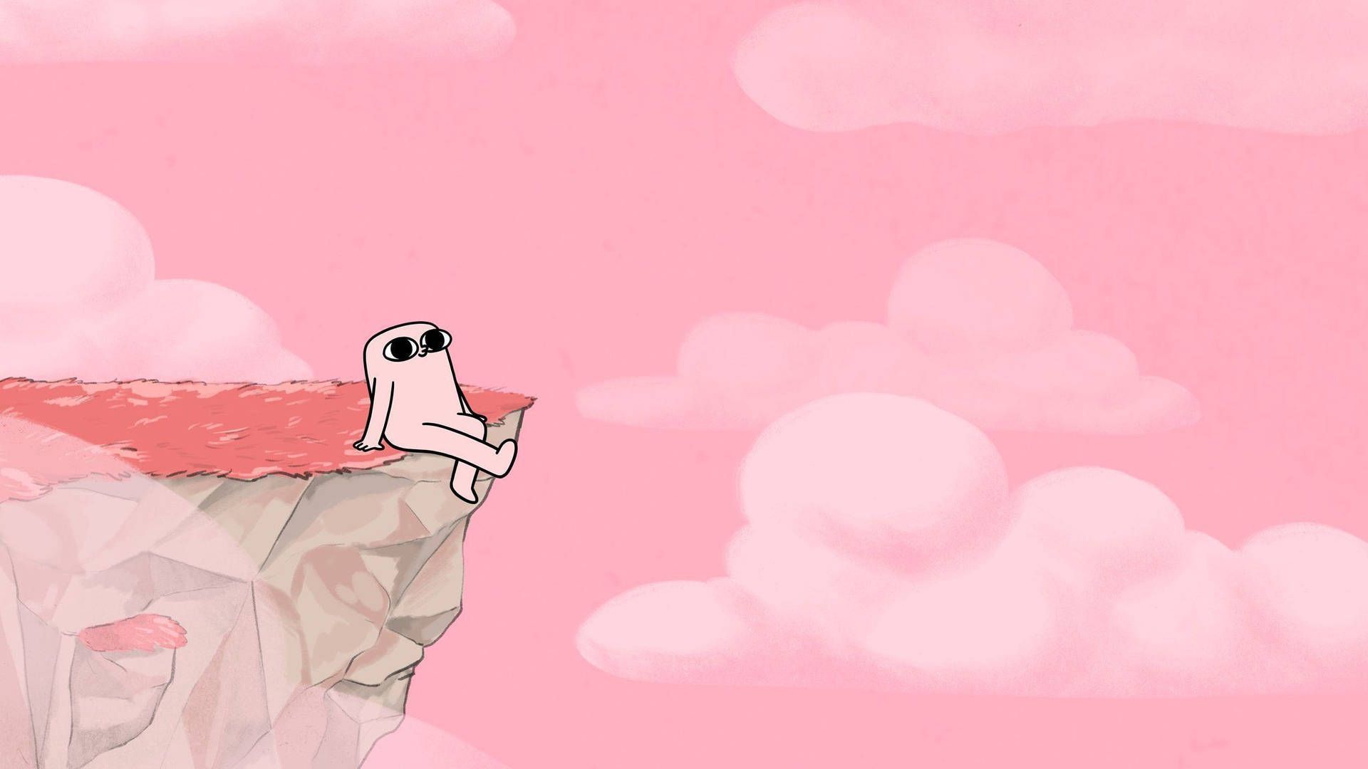 A person in sunglasses sitting on the edge of a cliff with a pink sky - Kawaii