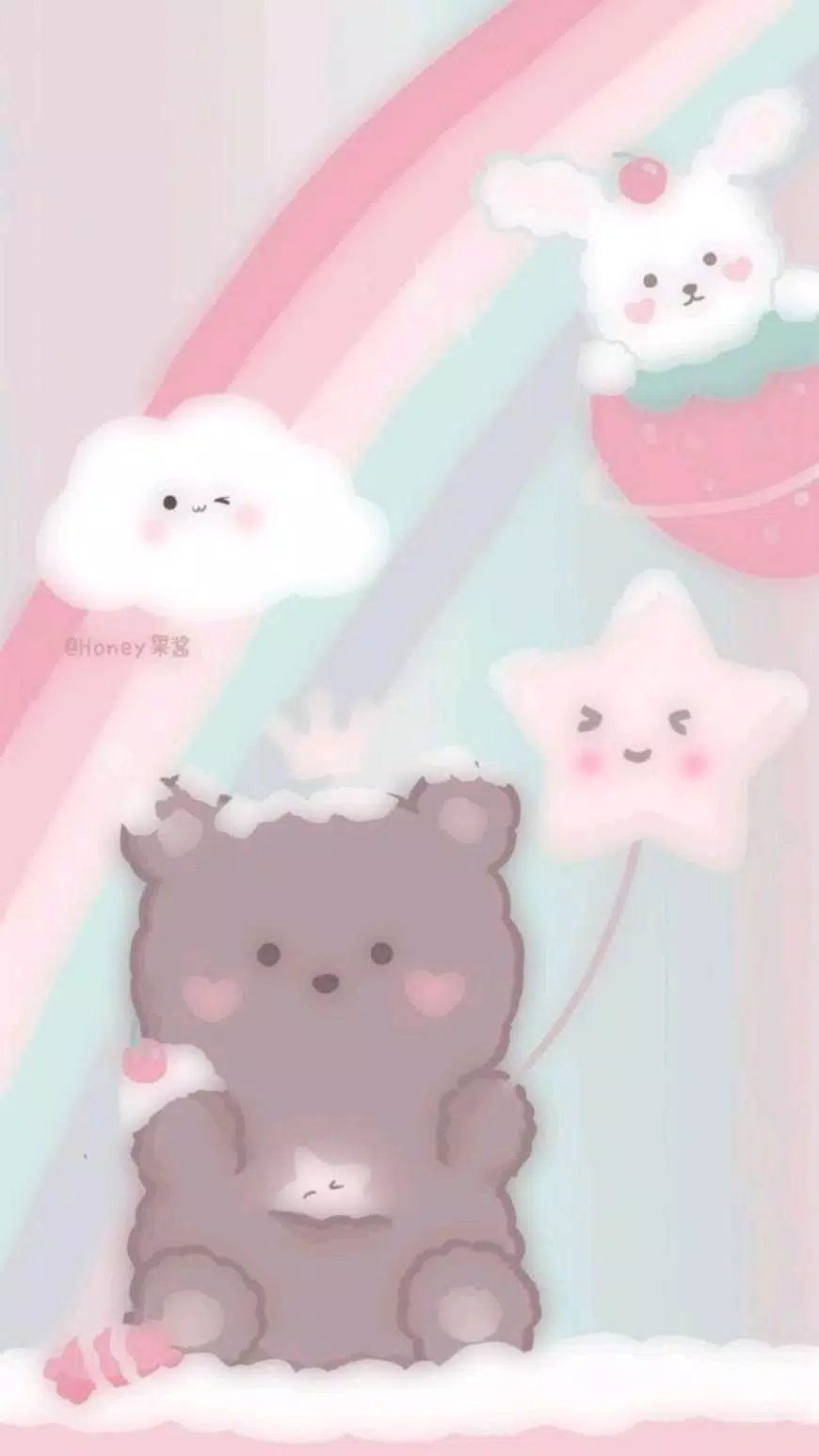 An illustration of a brown bear holding a pink balloon with a white rabbit in the background - Kawaii, pretty
