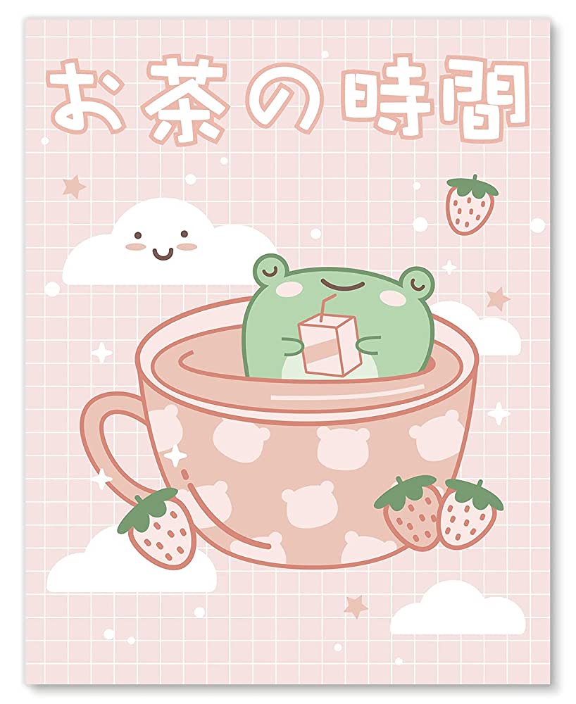 Frog Tea Cup Wall Art Print -Tea Time in Japanese Kanji Strawberry Pink Kawaii Room Decor Aesthetic : Handmade Products