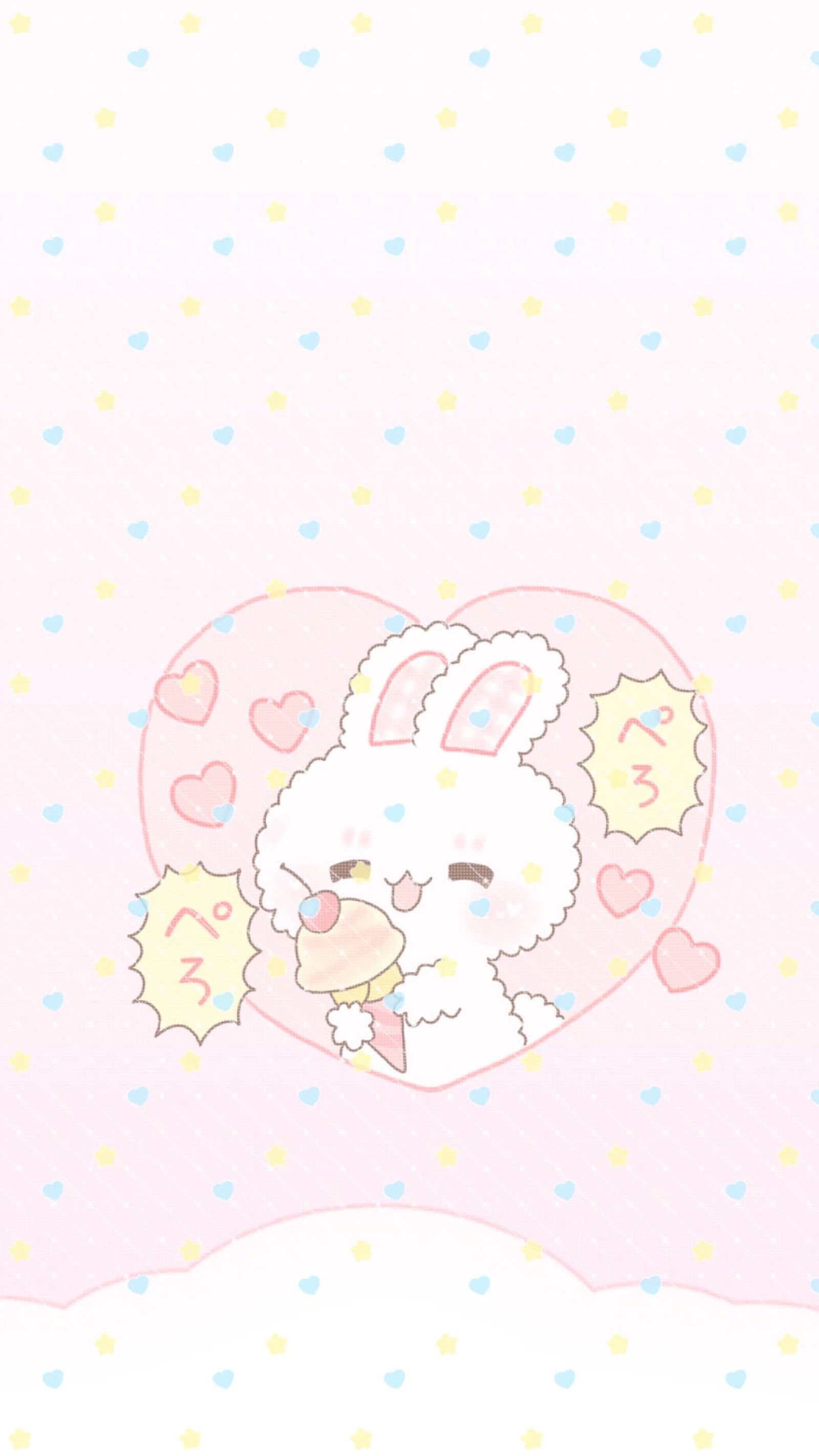 A phone wallpaper with a white fluffy bunny on a pink background - Kawaii