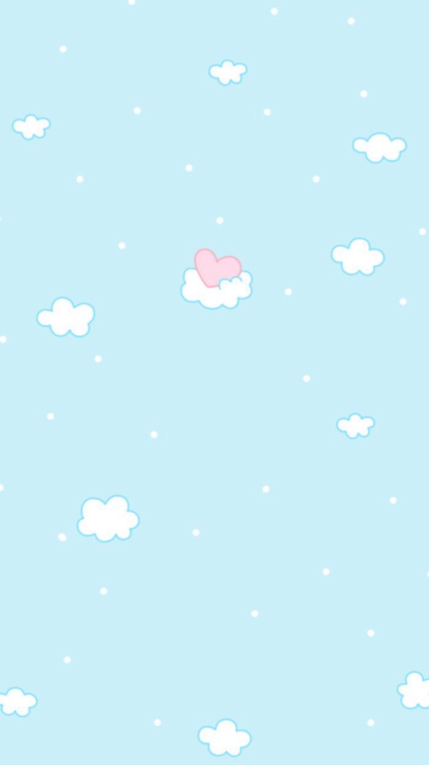 Blue background with white clouds and a pink heart - Kawaii