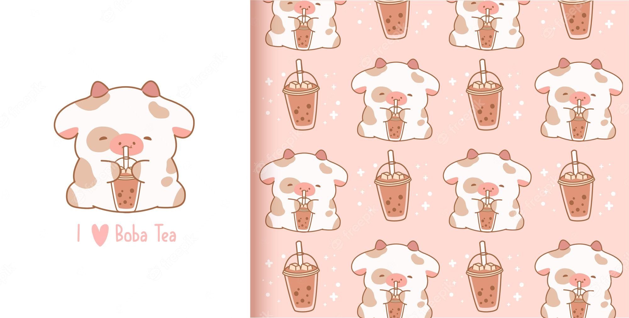 Premium Vector. Cute baby cow drink boba pearl tea kawaii seamless pattern pink pastel wallpaper background