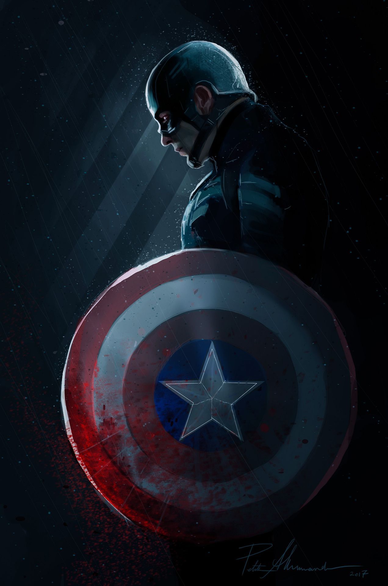 Captain America standing in the dark with his shield - Captain America