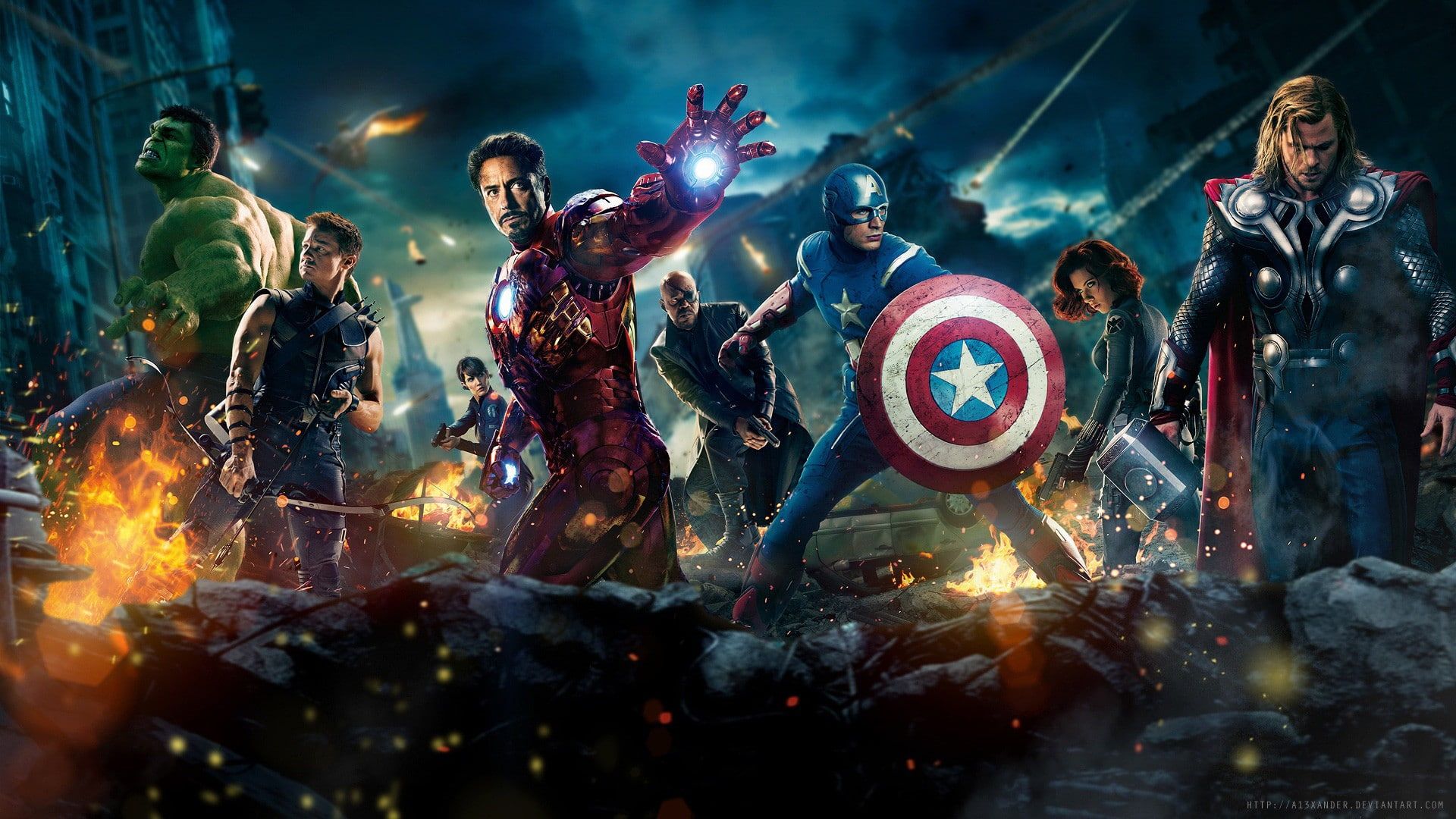 Wallpaper / Marvel Cinematic Universe, Tony Stark, Nick Fury, Captain America, Chris Evans, Clint Barton, Hulk, movies, Chris Hemsworth, Iron Man, Hawkeye, Thor, Robert Downey Jr. free download