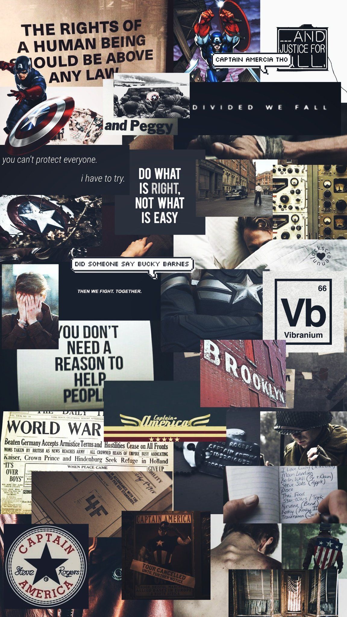 A collage of pictures and words on the wall - Captain America